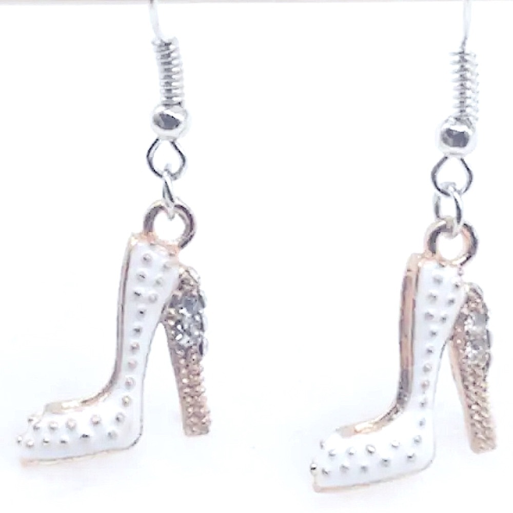 Crystal Rhinestone High Heel dangle Earrings Platform Stiletto 1.5” White - Picture 4 of 13